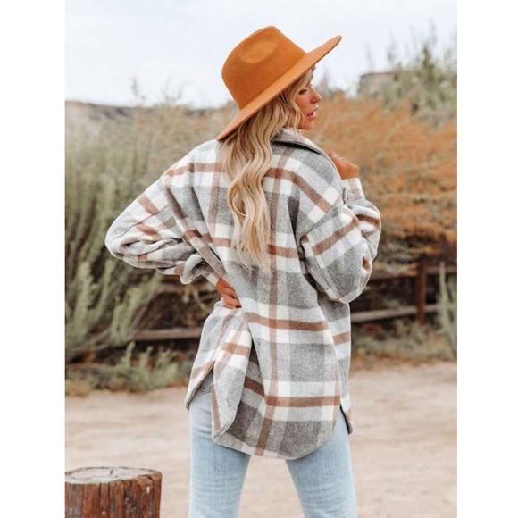 Plaid Oversized Shacket (Shirt / Jacket) White Grey Brown Long Sleeve & Pockets - Picture 2 of 6